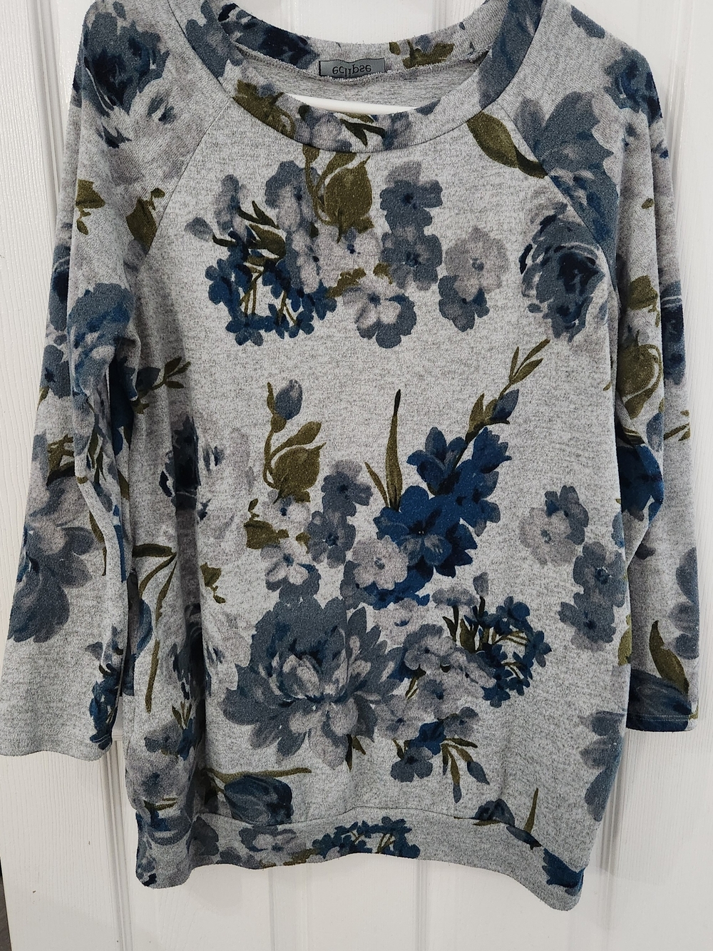 Eclipse Gray Floral Crewneck Sweater with Blue & Olive Print